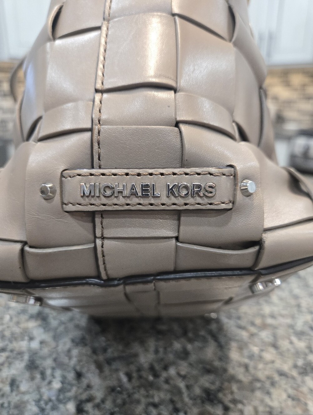 Michael Kors Vivian Woven Leather Tote Taupe Basket Weave Tassel Shoulder Bag - Picture 10 of 16